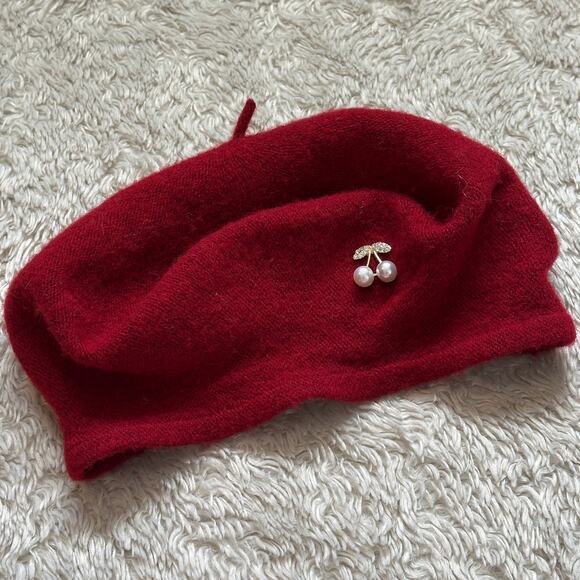 Cute Red Wool Beret with Cherry Rhinestone Pin Chic Fall Winter - Picture 7 of 7